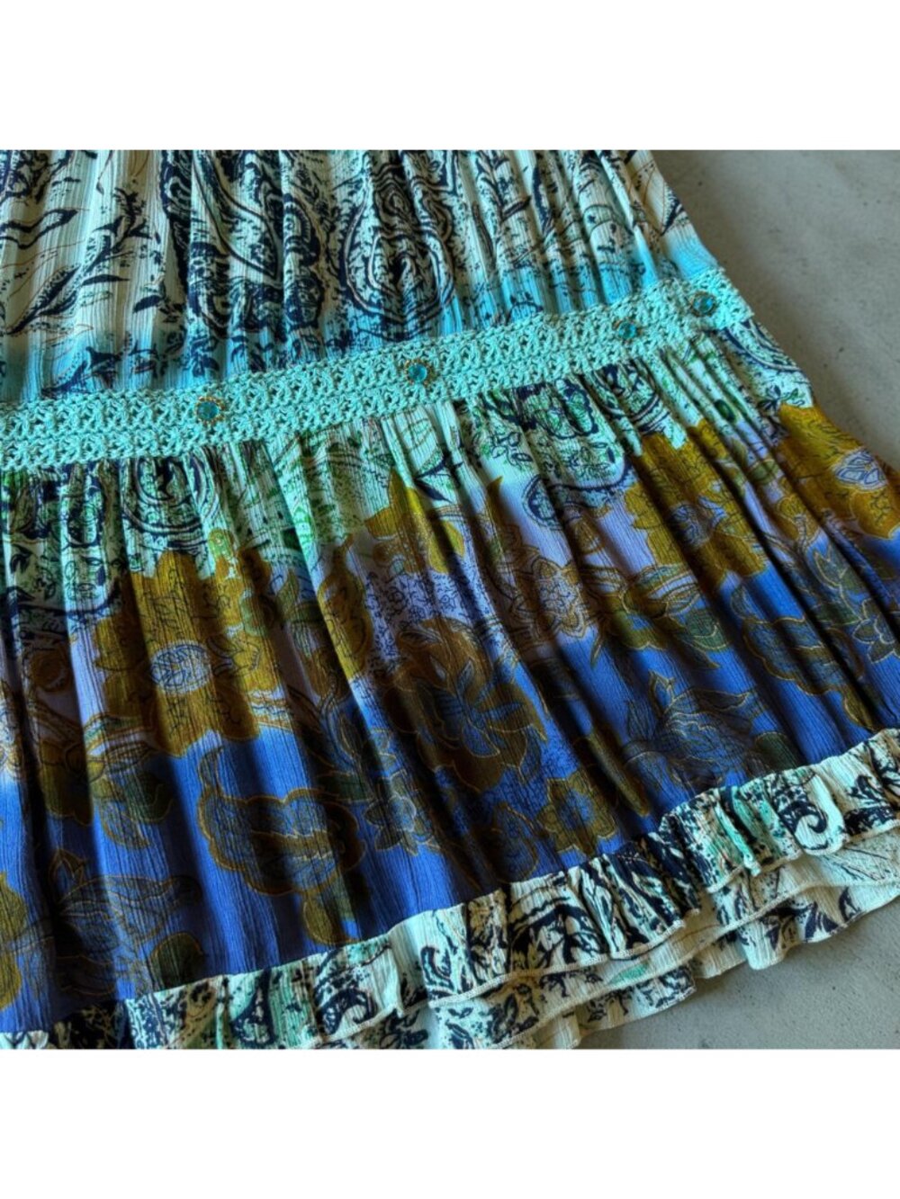 Boho Maxi Skirt Teal & Blue Size M Paisley & Floral Tiered Design Jeweled Accent - Picture 4 of 10